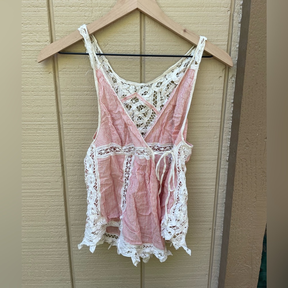 Free people lace and red stripe wrap tank sleeveless top